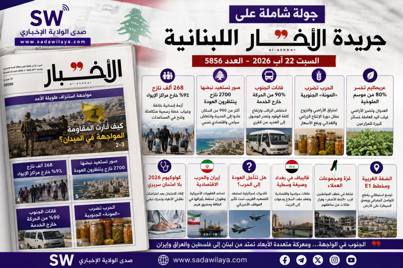 جريدة الأخبار اليوم السبت 22 آب 2026 المقاومة في الميدان والجنوب تحت وطأة العدوان
