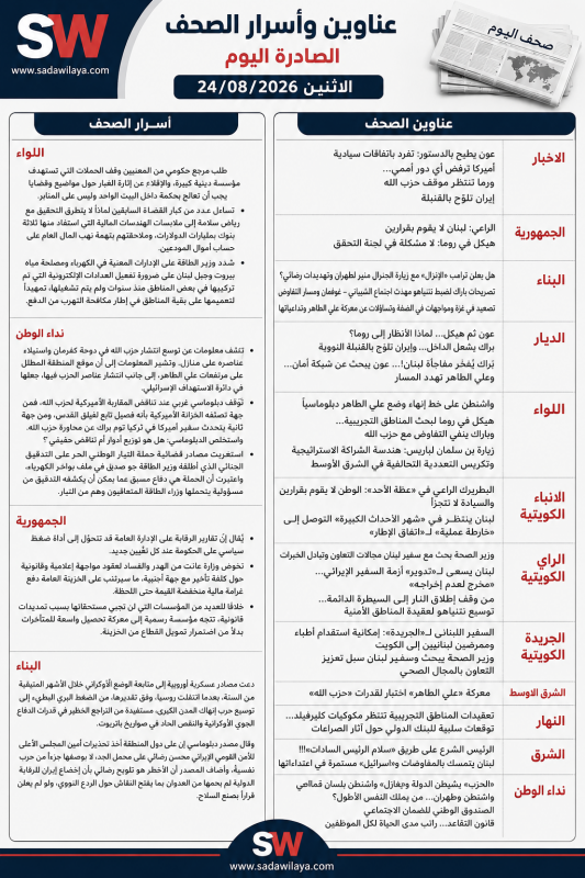 عناوين وأسرار الصحف اللبنانية اليوم الإثنين 24 آب 2026 عناوين وأسرار الصحف اللبنانية اليوم الإثنين 24 آب 2026