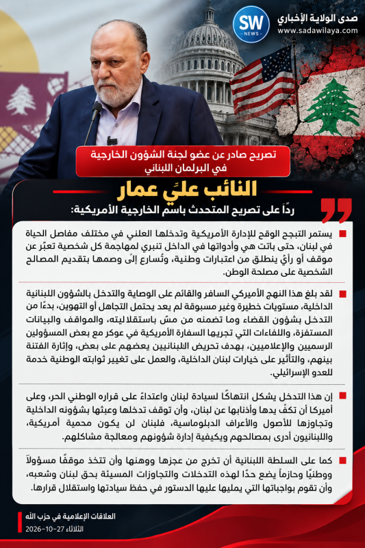 تصريح صادر عن عضو لجنة الشؤون الخارجية في البرلمان اللبناني النائب علي عمار ردًا على تصريح المتحدث ب