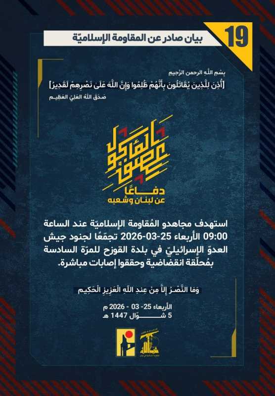 بيانات صادرة عن المقاومة الإسلامية اليوم من 3 الى 19 عملية