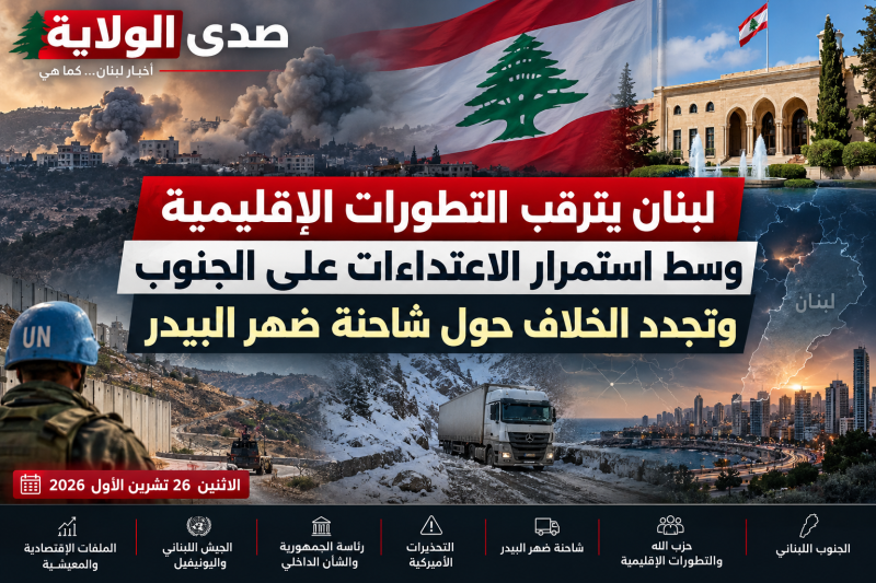 لبنان يترقب التطورات الإقليمية وسط استمرار الاعتداءات على الجنوب وتجدد الخلاف حول شاحنة ضهر البيدر لبنان يترقب التطورات الإقليمية وسط استمرار الاعتداءات على الجنوب وتجدد الخلاف حول شاحنة ضهر البيدر
