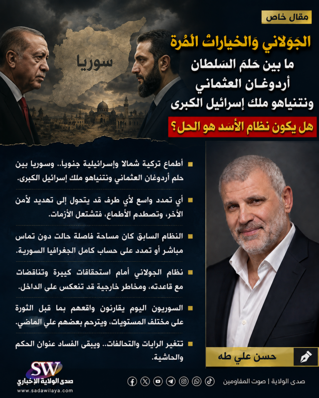 الجولاني والخيارات المُرّة ما بين حلم السلطان أردوغان العثماني ونتنياهو ملك إسرائيل الكبرى هل يكون ن