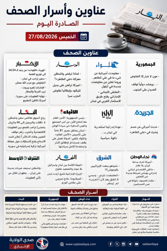 عناوين وأسرار الصحف اللبنانية والعربية اليوم الخميس 27 آب 2026