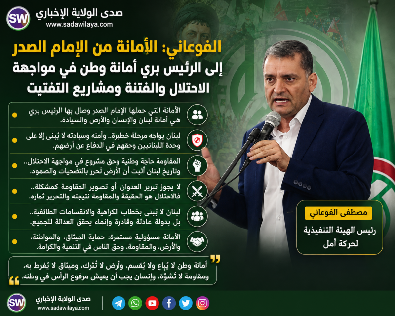  الفوعاني الأمانة من الإمام الصدر إلى الرئيس بري أمانة وطن في مواجهة الاحتلال والفتنة ومشاريع التفتي