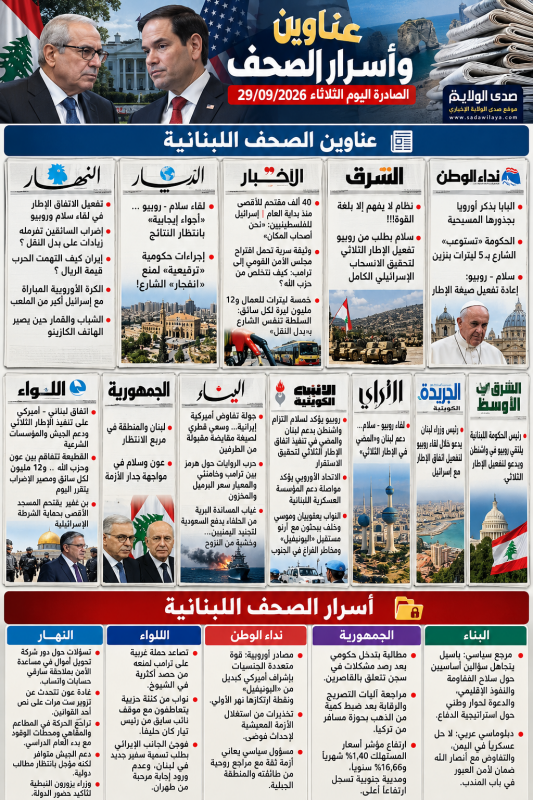 عناوين الصحف اللبنانية اليوم «الإطار الثلاثي» يتصدر المشهد وبدل النقل يلاحق غضب الشارع عناوين الصحف اللبنانية اليوم «الإطار الثلاثي» يتصدر المشهد وبدل النقل يلاحق غضب الشارع