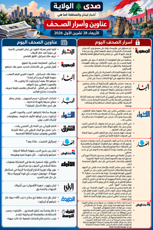 عناوين وأسرار الصحف اليوم الأربعاء 28 تشرين الأول 2026 الانتخابات الإسرائيلية ومصير نتنياهو ولبنان ي
