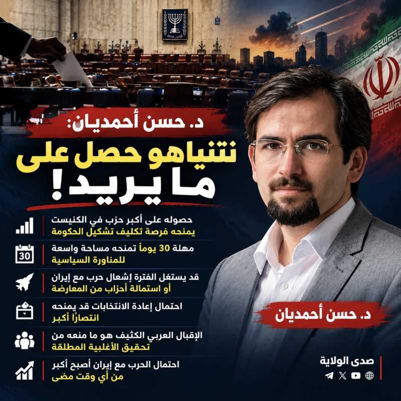 د. حسن أحمديان نتنياهو حقق هدفه الانتخابي رغم غياب الأغلبية وفرص المناورة قد تفتح الباب أمام مواجهة 