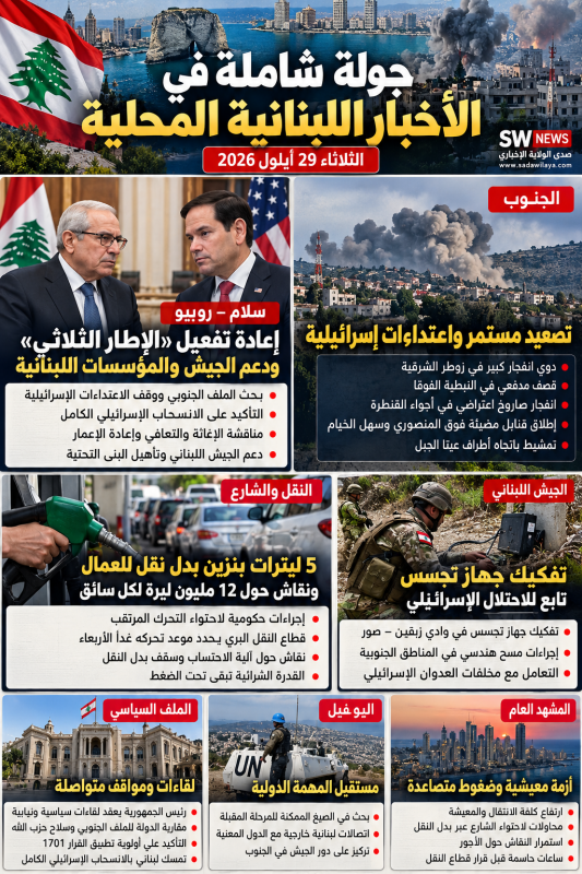 جولة لبنان اليوم الجنوب تحت التصعيد ولقاء سلام ـ روبيو يعيد «الإطار الثلاثي» إلى الواجهة جولة لبنان اليوم الجنوب تحت التصعيد ولقاء سلام ـ روبيو يعيد «الإطار الثلاثي» إلى الواجهة