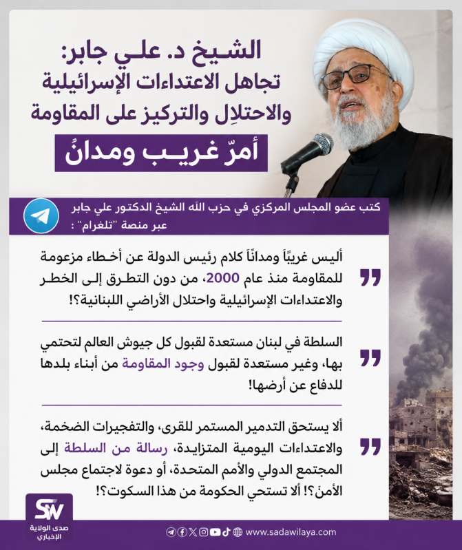 الشيخ د. علي جابر تجاهل الاعتداءات الإسرائيلية والاحتلال والتركيز على المقاومة أمرٌ غريب ومدان
