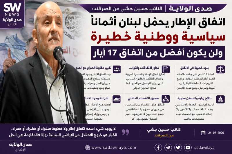 النائب حسين جشي اتفاق الإطار يحمّل لبنان أثمانًا سياسية ووطنية خطيرة ولن يكون أفضل من اتفاق 17 أيار
