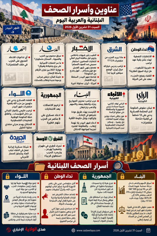 عناوين وأسرار الصحف اللبنانية والعربية اليوم السبت 31 تشرين الأول 2026 ملف متفجرات ضهر البيدر والتصع